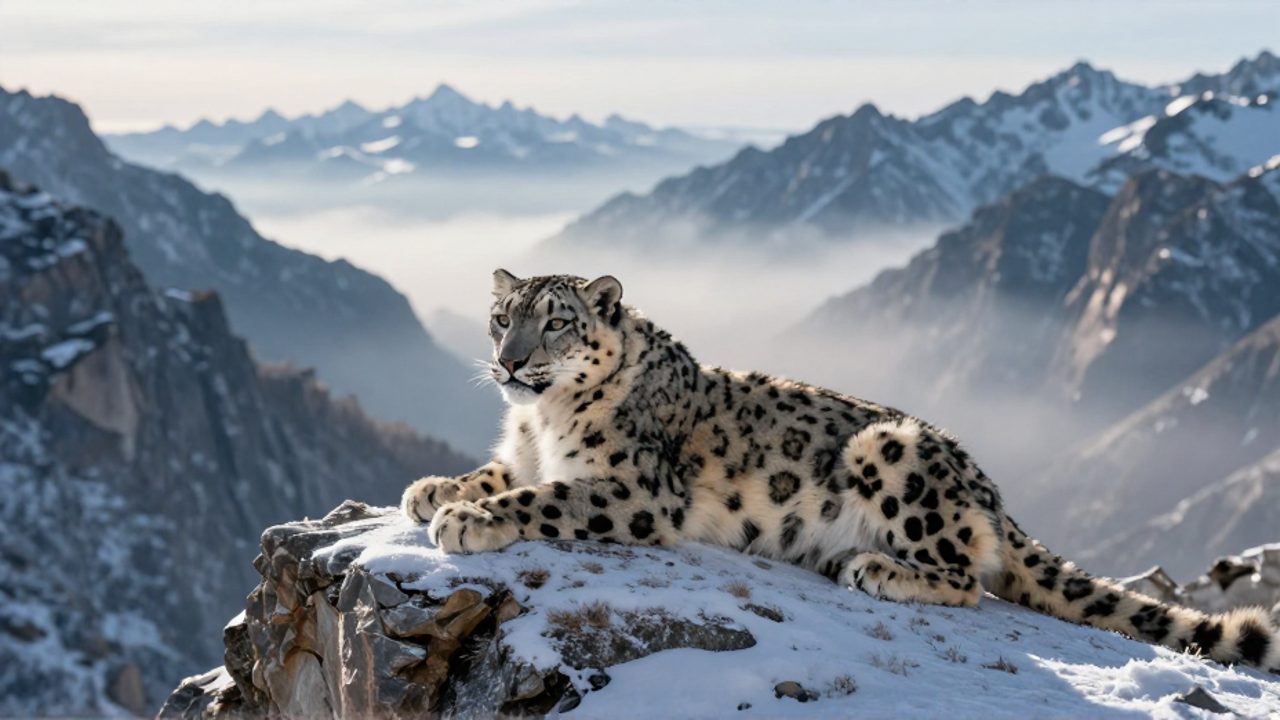 Un leopardo de las nieves observa atentamente desde una cornisa rocosa nevada sobre un valle montañoso.