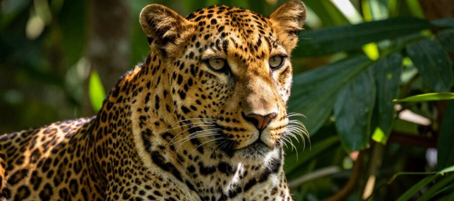 Primer plano de perfil de un leopardo descansando entre la vegetación de una selva tropical bajo la luz del sol.