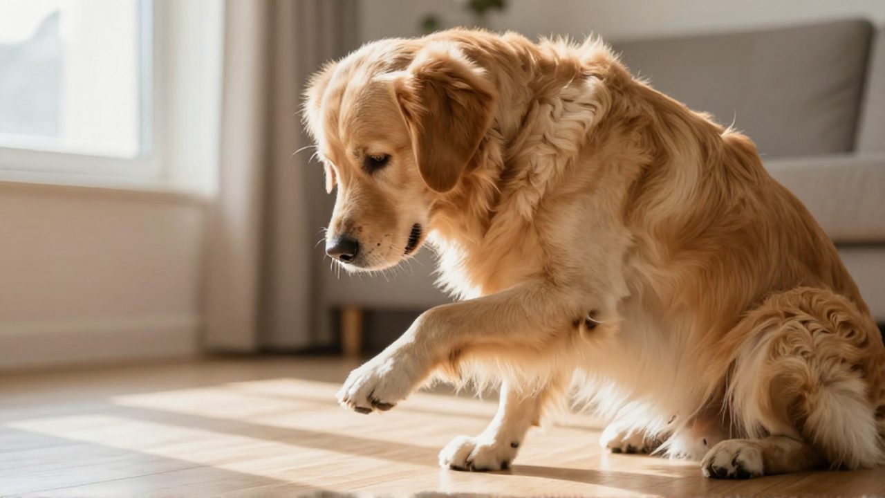 Perro de tamaño mediano sentado que levanta una de sus patas delanteras mostrando signos de molestia.