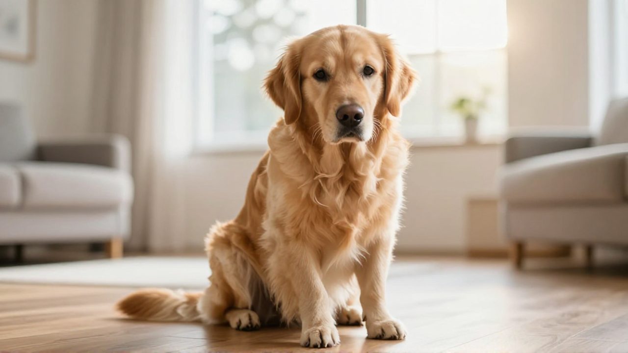 Un perro Golden Retriever sentado en una sala de estar levanta ligeramente su pata delantera derecha, mostrando signos de cojera.