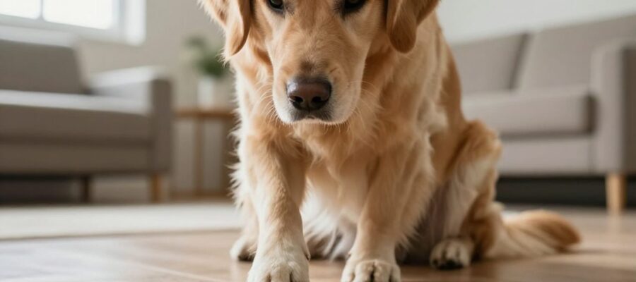 Un perro golden retriever sentado en una sala de estar levanta su pata delantera izquierda con gesto de incomodidad.