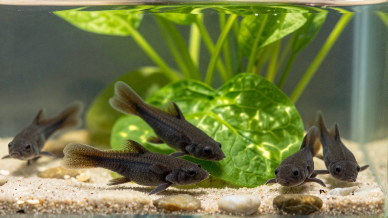 Varios renacuajos de cuerpo oscuro nadan en un acuario limpio cerca de hojas de espinaca submergedas.