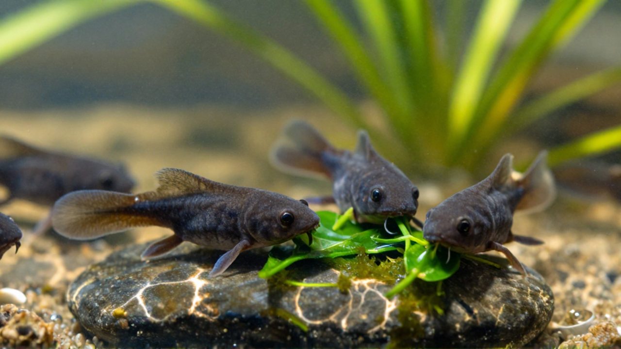 Varios renacuajos nadan en aguas cristalinas mientras se alimentan de hojas de espinaca y algas sobre una piedra en el fondo.