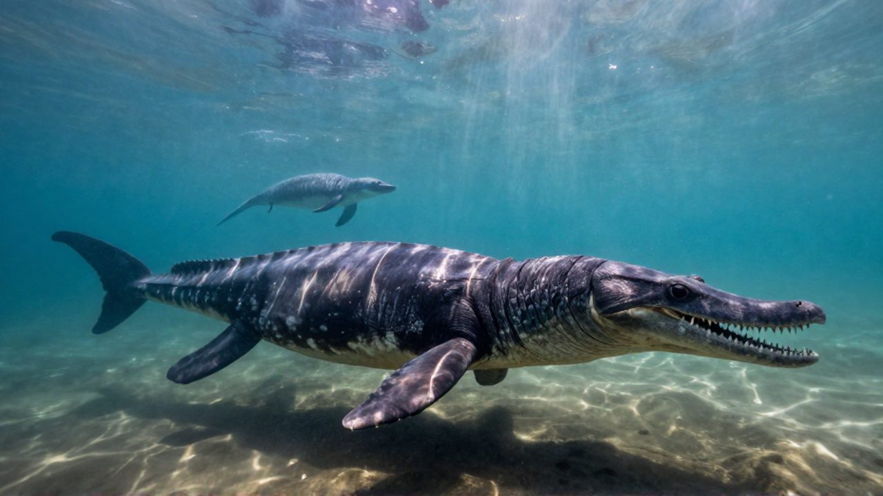 Un gran mosasaurio nada de perfil en un océano prehistórico mientras un plesiosaurio más pequeño se desplaza al fondo.