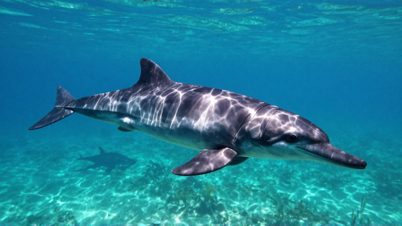 Un icthyosaurio de cuerpo hidrodinámico nada en un océano mesozoico iluminado por rayos de sol, con la silueta de un plesiosaurio al fondo.