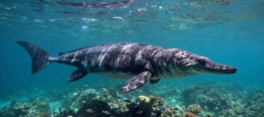 Un enorme mosasaurio nada de perfil por un océano prehistórico de aguas cristalinas rodeado de arrecifes de coral y bancos de peces.
