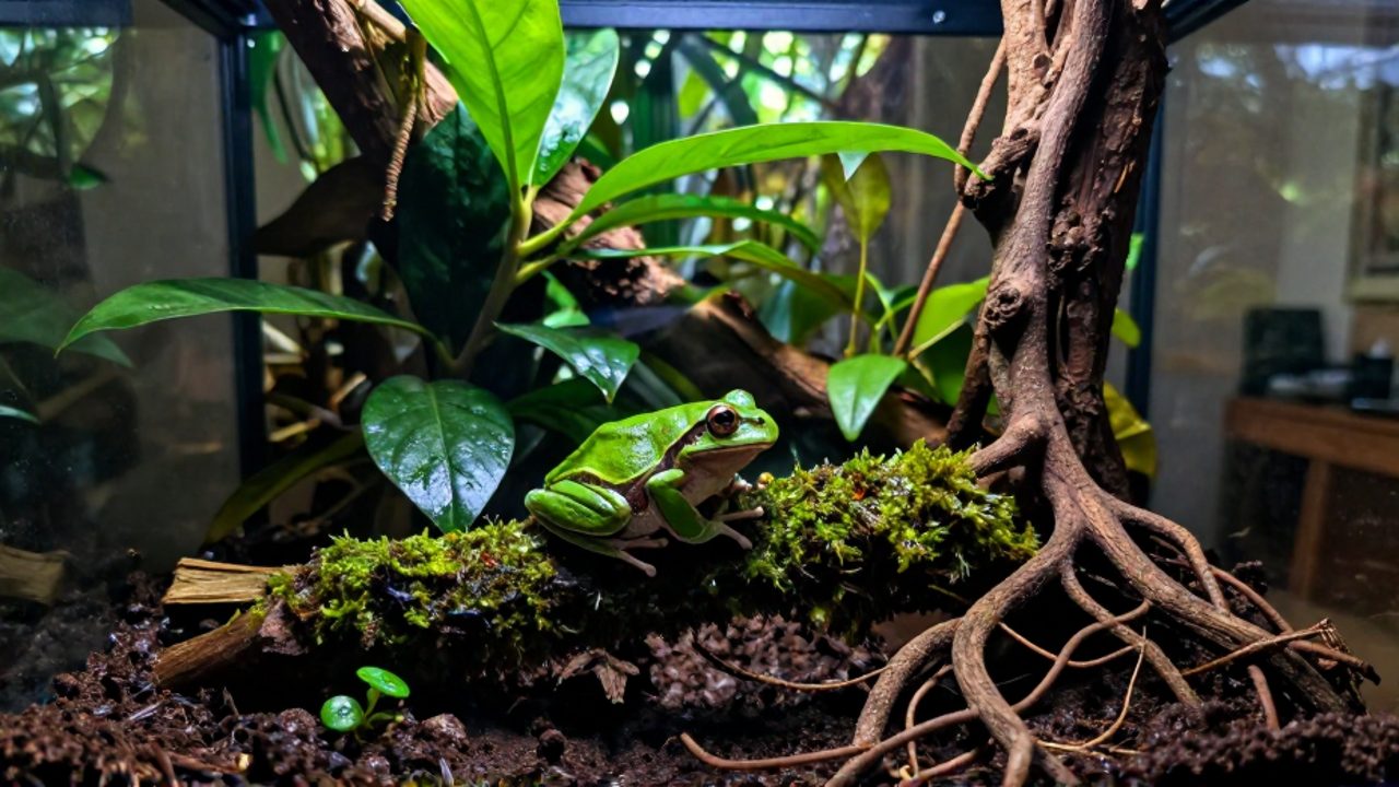Una rana arborícola verde sobre una rama con musgo dentro de un vivario tropical que se encuentra en un salón doméstico.