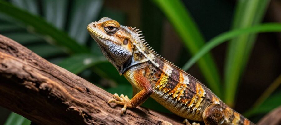 Un pequeño lagarto de colores brillantes posado sobre un tronco de madera rodeado de vegetación tropical.