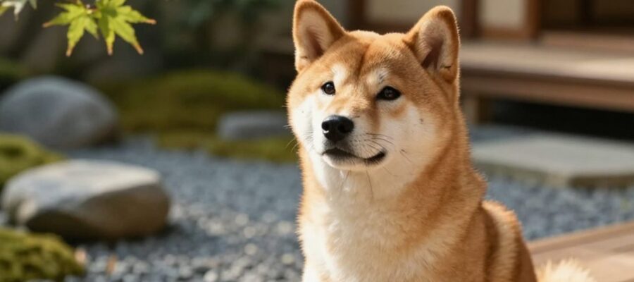 Perro de raza Shiba Inu con expresión curiosa sentado en un jardín zen japonés rodeado de piedras y hojas de arce.