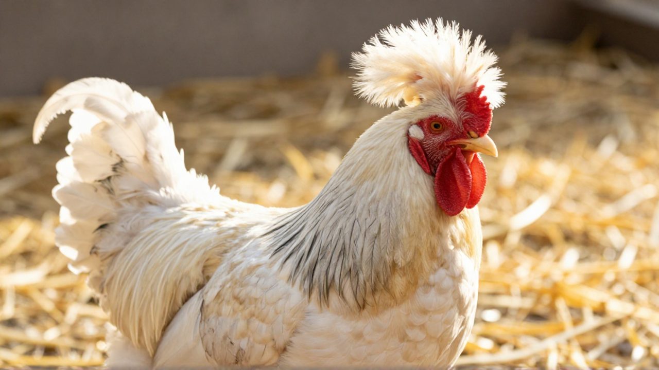 Primer plano de un gallo Paduana resaltando su voluminoso penacho esférico de plumas largas y puntiagudas.