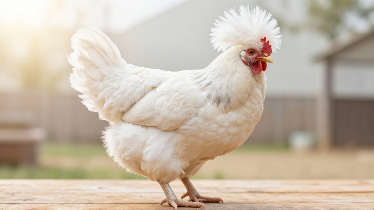 Gallina paduana de plumaje blanco y gran cresta esférica sobre una superficie de madera en un entorno de granja.