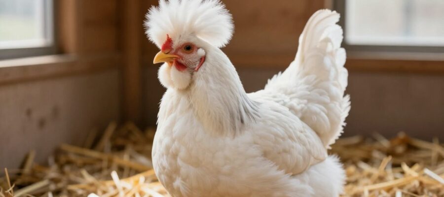 Gallina paduana de plumaje blanco con su característica cresta esférica y barba prominente, de pie sobre paja en un gallinero iluminado.