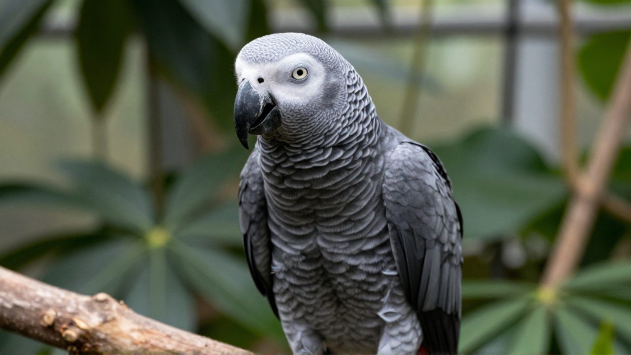 Primer plano de un loro gris africano con el pico entreabierto, posado sobre una rama en un entorno de vegetación verde.