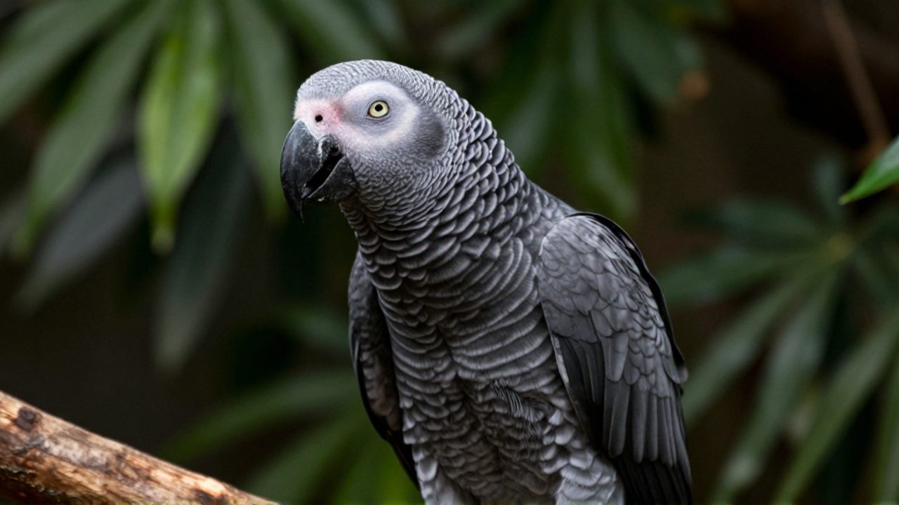 Primer plano de un loro gris africano sobre una rama con el pico entreabierto, como si estuviera emitiendo un sonido.