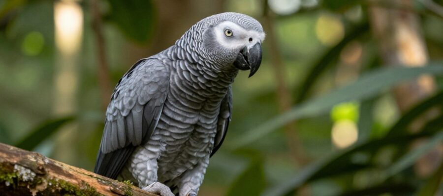 Loro gris africano posado sobre una rama con musgo en un entorno de selva tropical.