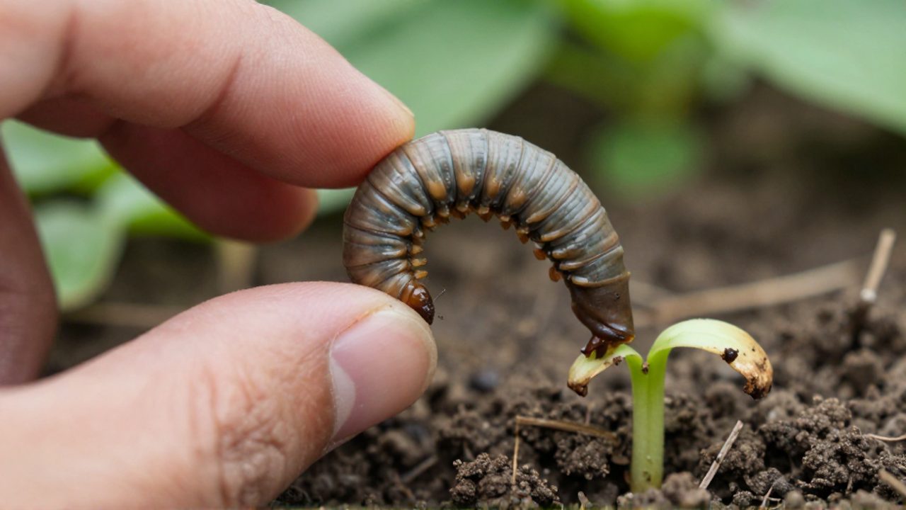 Persona sosteniendo un gusano cortador con forma de C cerca del tallo cortado de una plántula en el jardín.