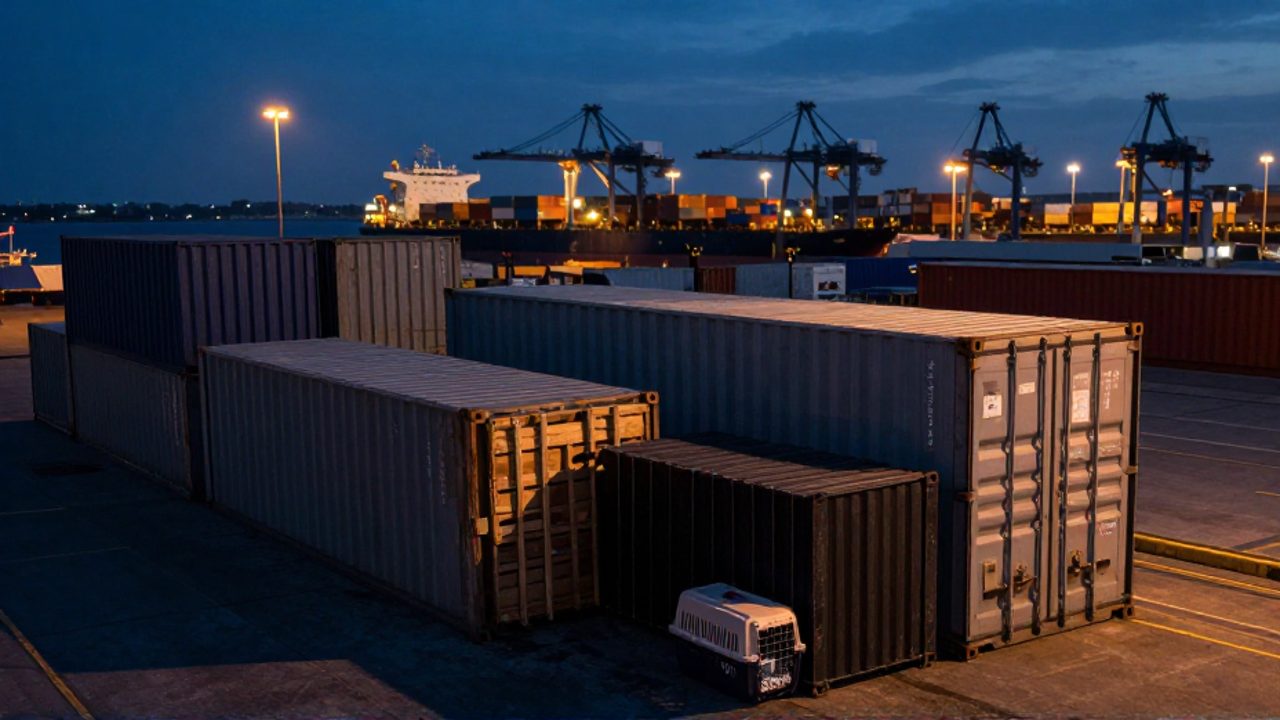 Contenedores industriales y cajas de carga apilados en un puerto marítimo al atardecer, junto a un transportín de mascotas vacío que sugiere el transporte accidental de especies.