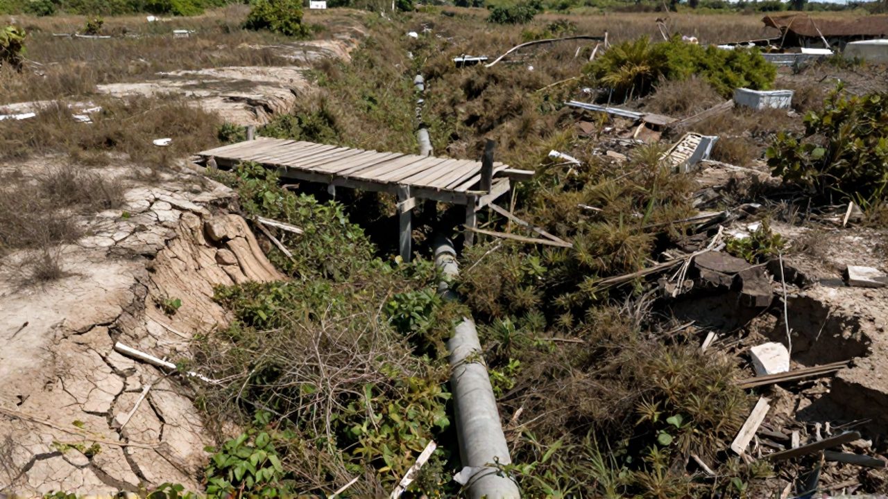 Infraestructura de riego dañada y vegetación invasora que crece de forma descontrolada sobre un campo agrícola erosionado.