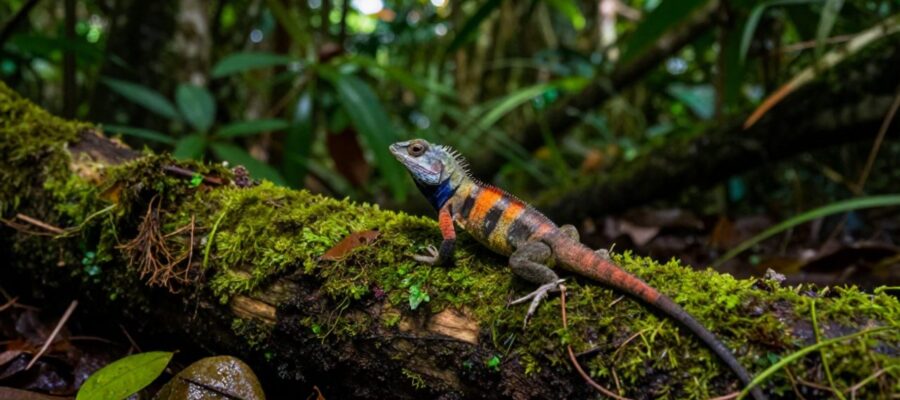 Un pequeño reptil de colores brillantes destaca sobre un tronco con musgo en el borde de una selva tropical mexicana.