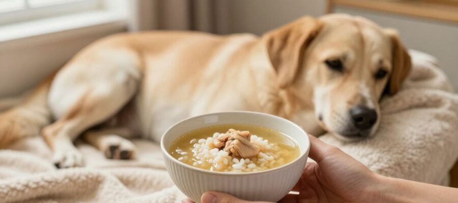 Una mano coloca un cuenco con caldo de pollo y arroz cerca de un perro que descansa sobre una manta en un entorno acogedor.