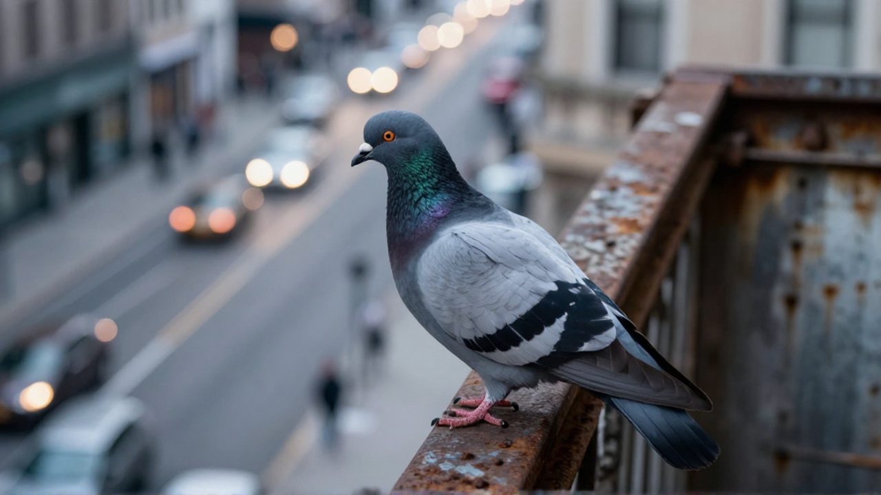 Una paloma silvestre posada sobre el borde oxidado de un edificio urbano, vigilante ante el movimiento de una calle de la ciudad al fondo.