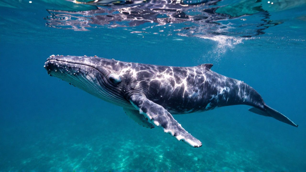 Ballena jorobada nadando de perfil en aguas tropicales cristalinas iluminadas por rayos de sol.