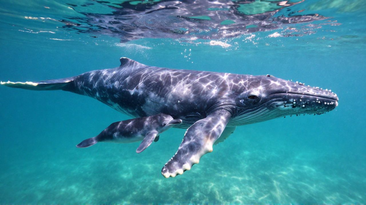 Una ballena jorobada nada junto a su cría en aguas tropicales cristalinas, mostrando el vínculo materno durante las primeras etapas de crecimiento.