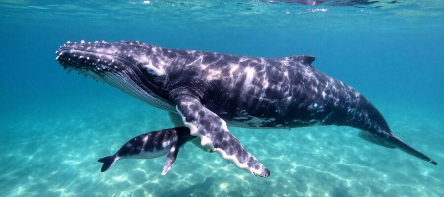 Una ballena jorobada nada junto a su cría en un entorno de aguas tropicales claras y soleadas.