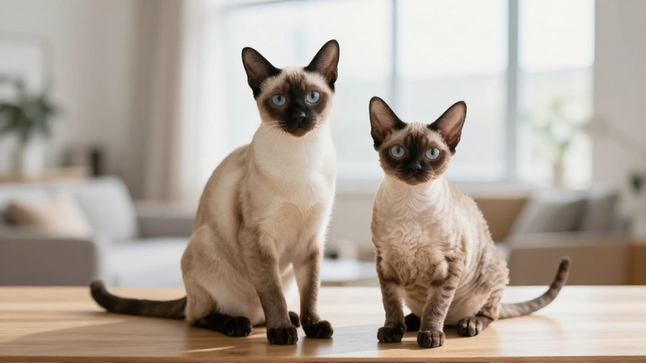 Un gato Singapura de cuerpo esbelto y un gato Munchkin de patas cortas posan juntos sobre una superficie de madera.
