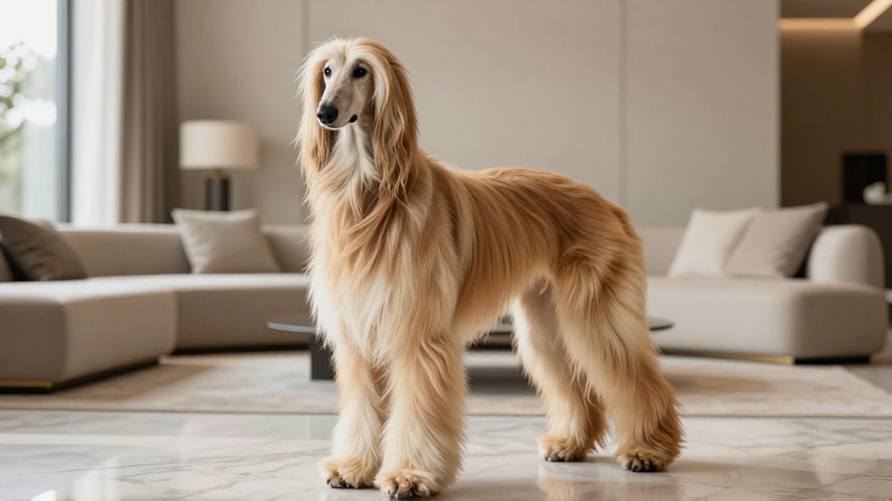 Un galgo afgano de pelo largo y canela posa con elegancia en un salón moderno y minimalista.