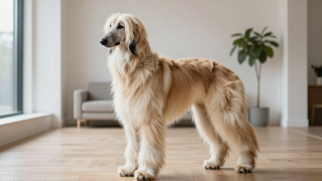 Un podenco afgano de pelaje largo y sedoso posa con elegancia en una sala de estar moderna y luminosa.