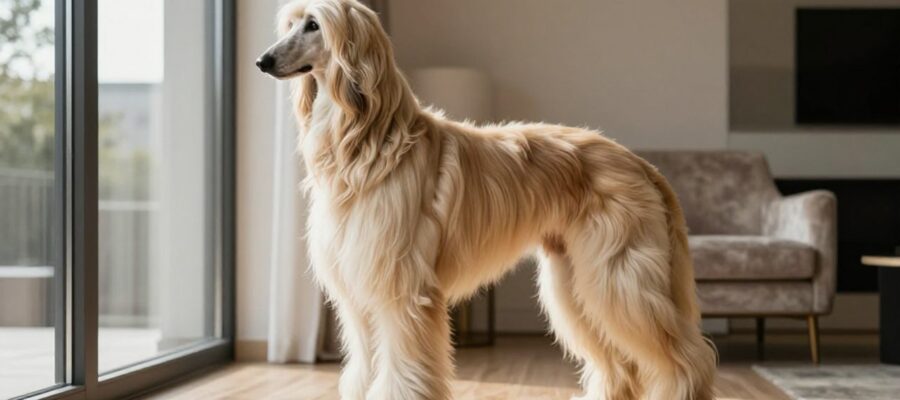 Un galgo afgano de pelo largo y color crema posa con elegancia en un salón moderno y luminoso.