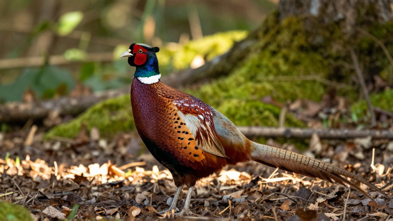 Faisán común macho con plumaje brillante de tonos cobre y verde esmeralda parado sobre un suelo de hojas secas en un bosque.