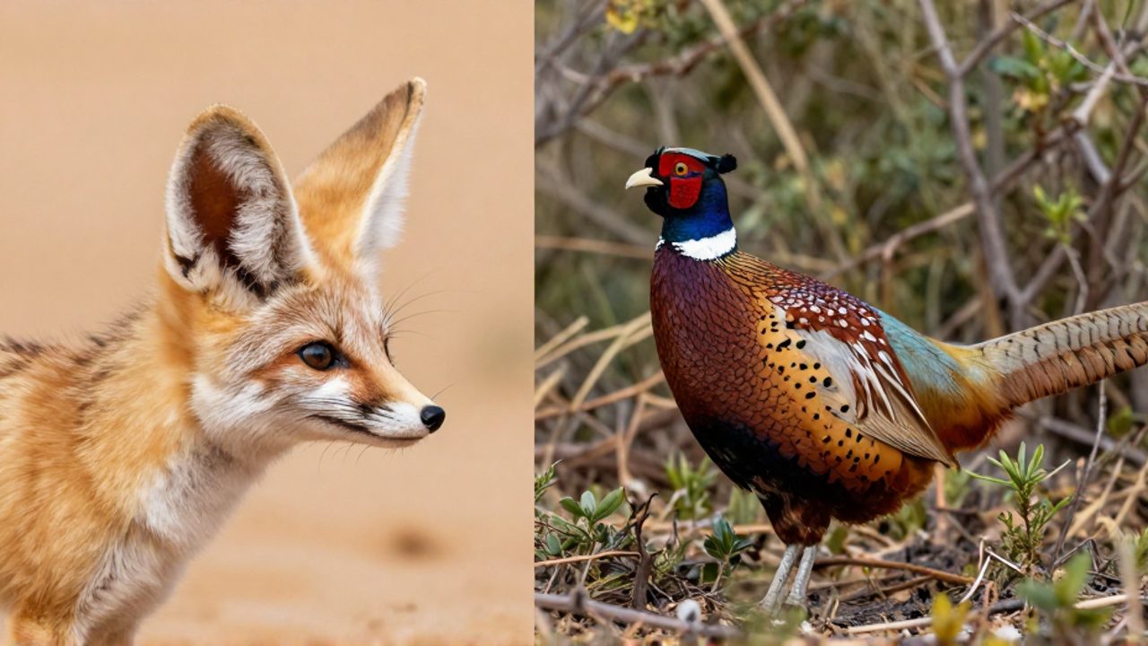 Un zorro fénec de orejas grandes junto a un faisán común de plumaje colorido para comparar sus rasgos físicos en hábitats de desierto y bosque.