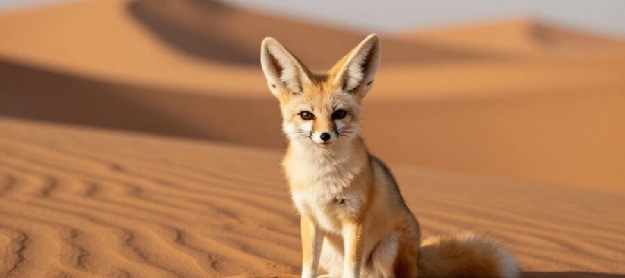 Zorro fennec con orejas grandes sentado sobre las dunas de un desierto de arena naranja.