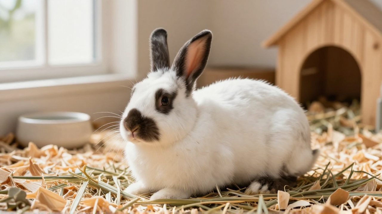 Un conejo californiano con pelaje blanco y manchas oscuras descansa en un recinto interior espacioso con heno y virutas de madera.