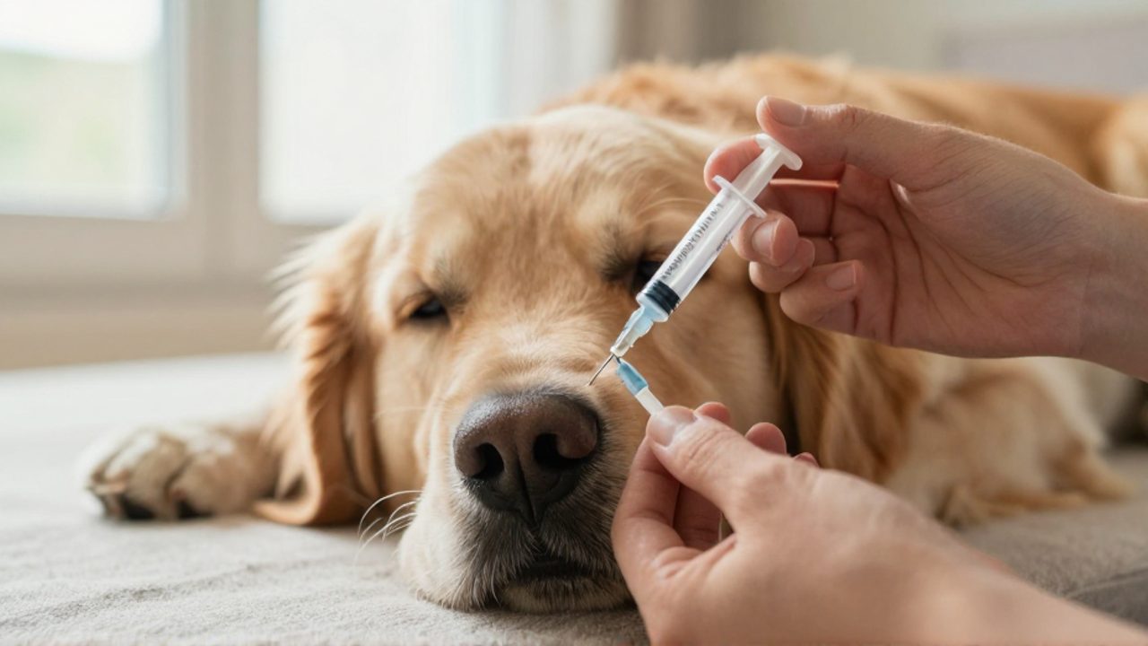 Una persona administra medicamento líquido con una jeringa oral a un perro Golden Retriever tranquilo en un entorno doméstico.