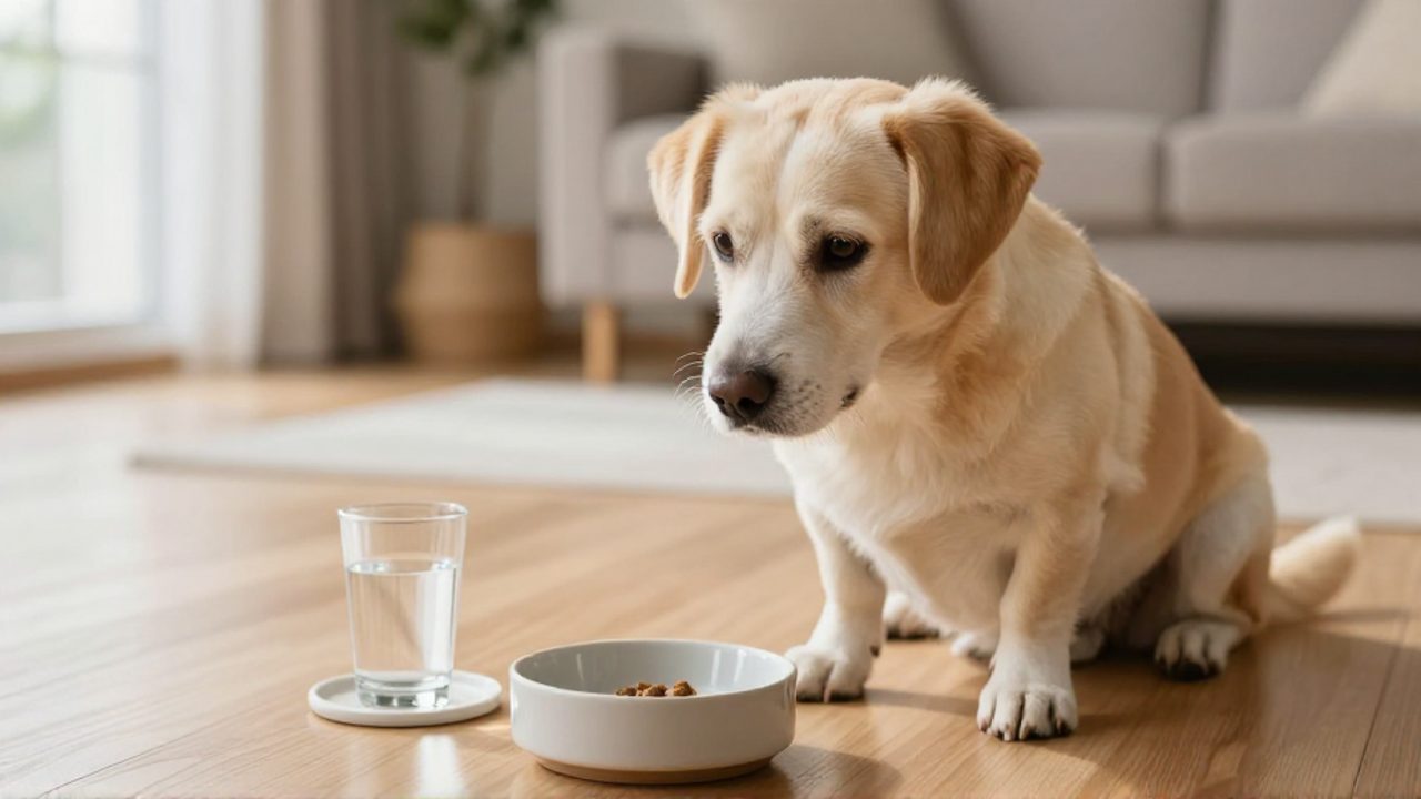 Perro sentado junto a un cuenco de comida y un vaso de agua sobre un suelo de madera, ilustrando la separación de tiempos para la administración de medicamentos.