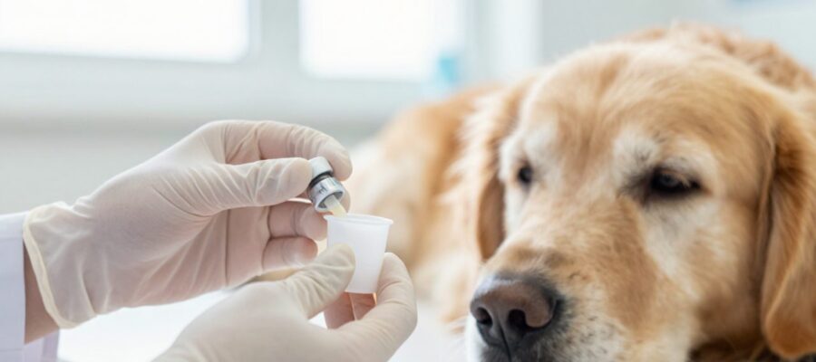 Manos de un veterinario preparando una dosis de medicamento líquido en un pequeño recipiente junto a un perro Golden Retriever en una clínica.