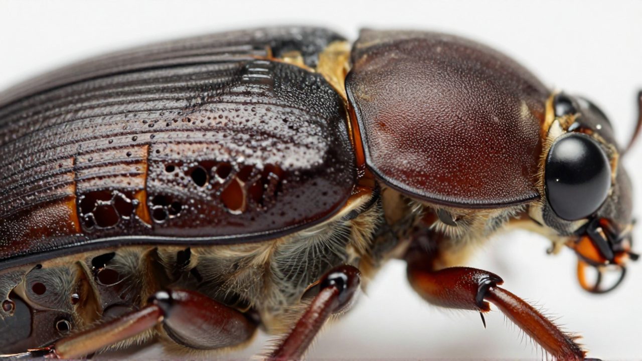 Primer plano lateral del abdomen de un escarabajo donde se observan los espiráculos, las pequeñas aberturas por donde respiran los insectos.