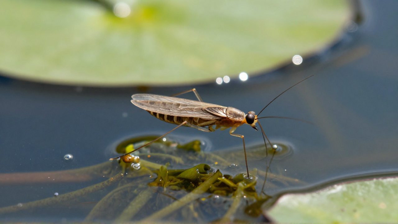 Un insecto zapatero descansa sobre la superficie del agua junto a vegetación acuática, mostrando sus estructuras respiratorias cerca del abdomen.