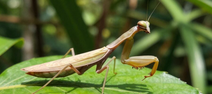 Primer plano de una mantis religiosa sobre una hoja verde donde se aprecian los espiráculos a lo largo de su tórax.