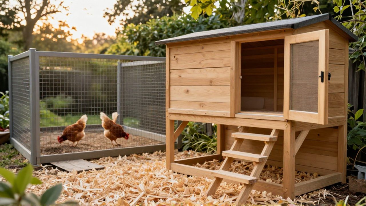 Gallinas saludables rascan la tierra en un corral de malla metálica junto a un gallinero de madera moderno con ventilación y perchas elevadas.