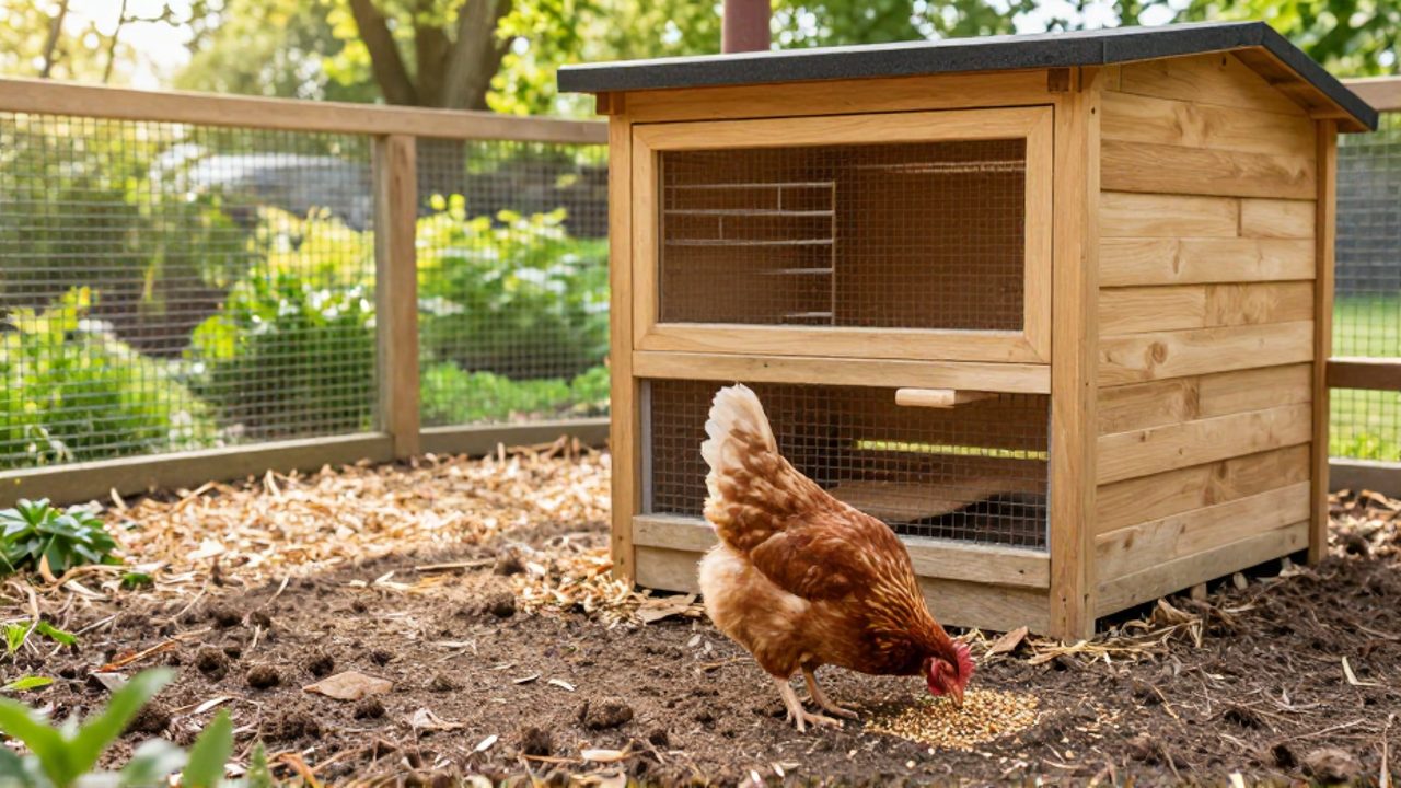 Una gallina busca alimento en el suelo de un corral despejado frente a un gallinero de madera con ventilación y perchas elevadas.
