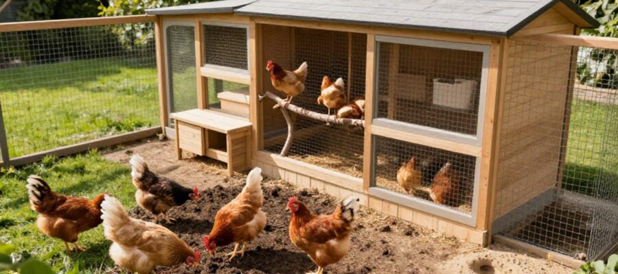 Gallinas de diversas razas en un gallinero moderno de madera con zona de recreo cercada, tierra para escarbar y ramas para posarse en un jardín soleado.