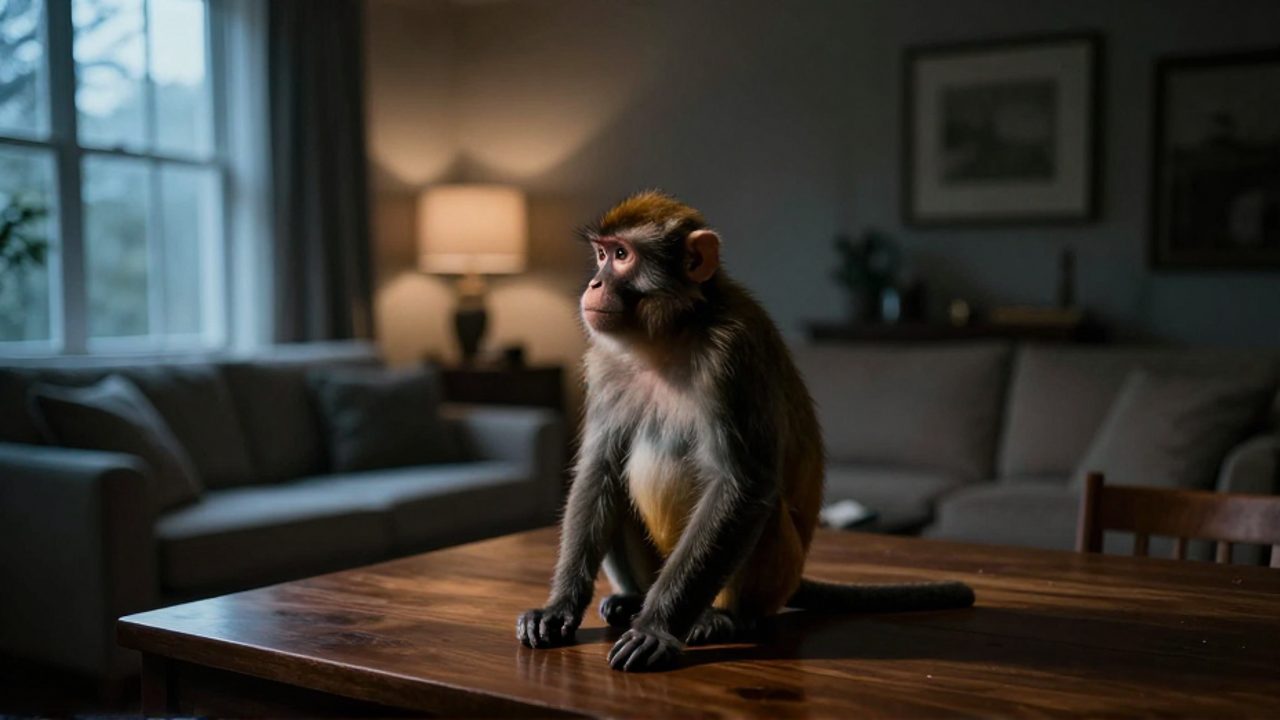 Un pequeño primate sentado solo sobre una mesa de madera en una sala de estar moderna y tenuemente iluminada.