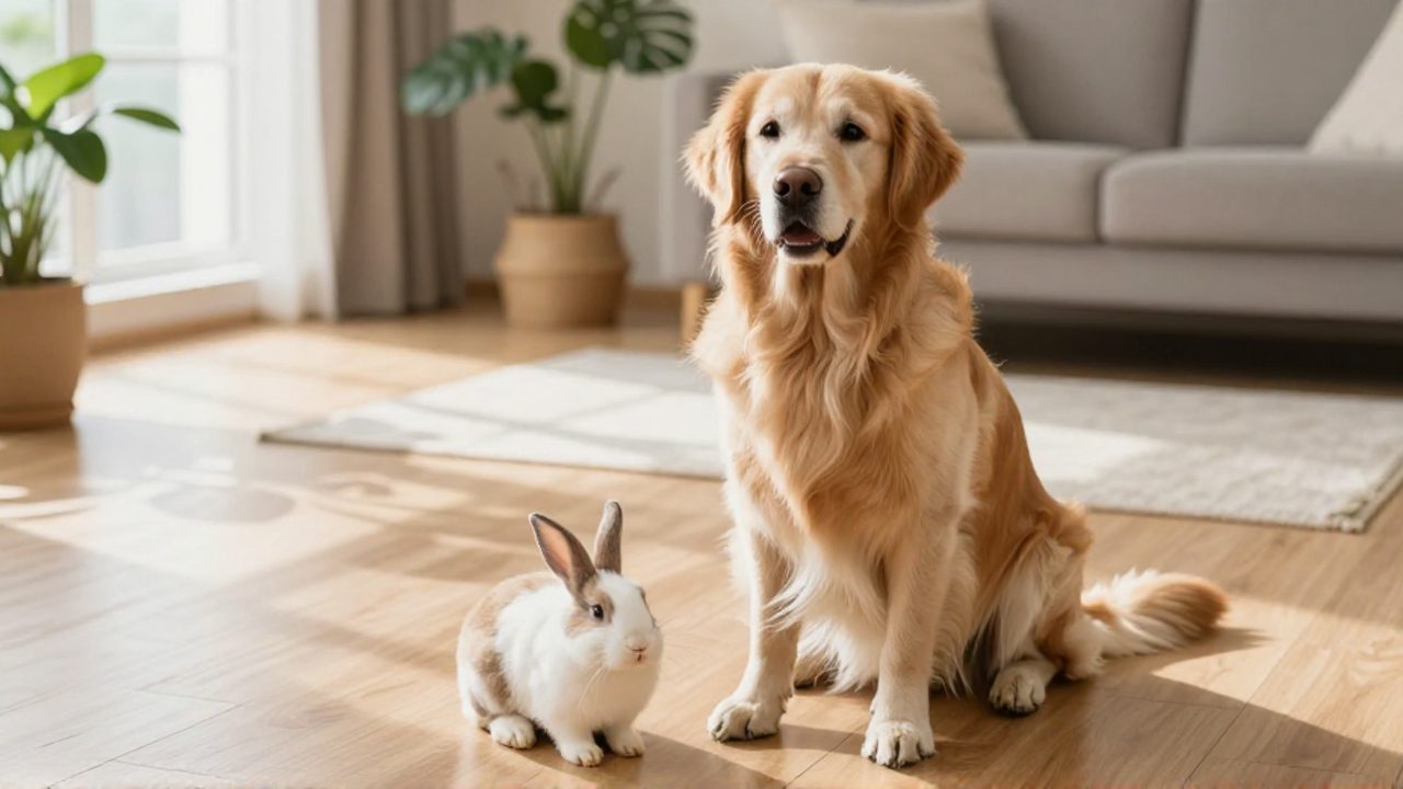 Un perro Golden Retriever y un conejo conviven tranquilamente en el suelo de una sala de estar iluminada por el sol.