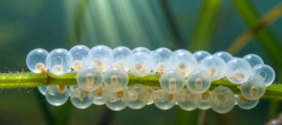 Pequeños huevos de anfibio translúcidos con embriones visibles adheridos al tallo de una planta acuática bajo el agua.