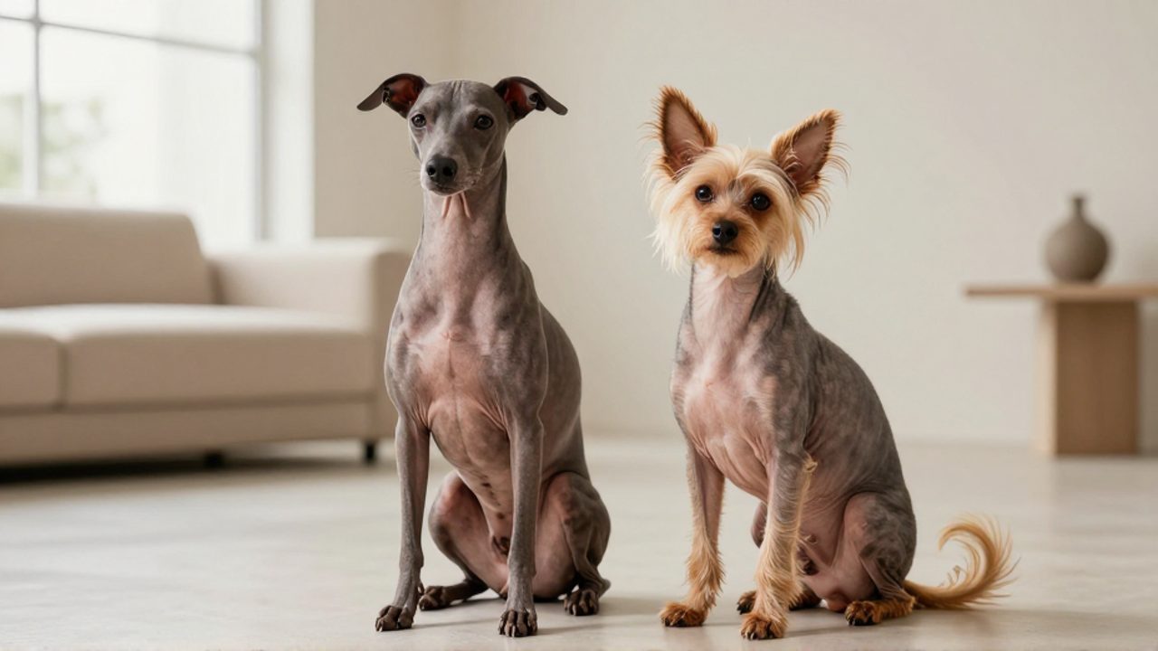 Un Xoloitzcuintli y un Crestado Chino sentados uno al lado del otro en una sala minimalista.