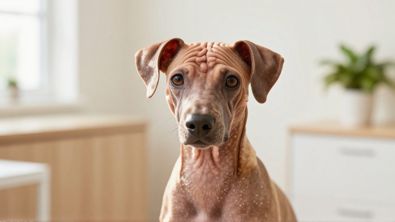 Primer plano de un perro Xoloitzcuintli sentado en una clínica veterinaria iluminada, destacando la textura de su piel y su mirada.
